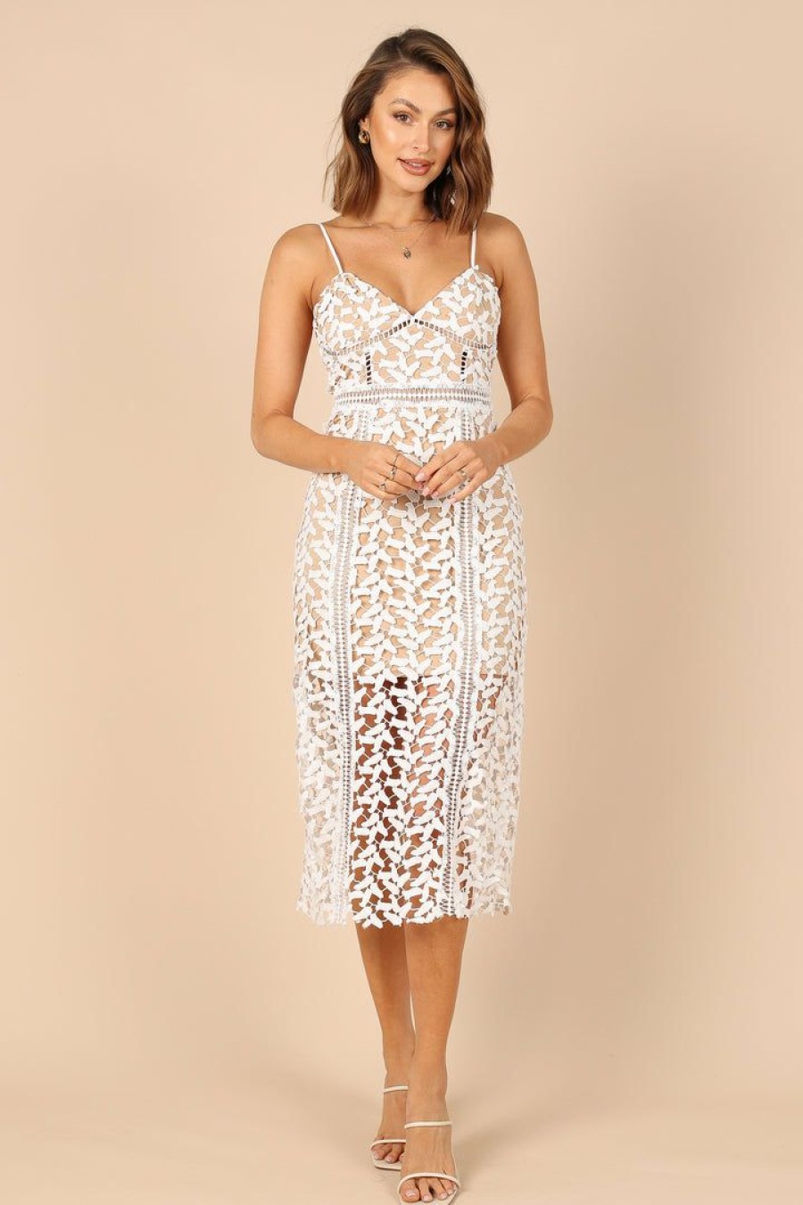 Clothing * | Petal & Pup Top Sellers Franque Midi Lace Dress White Lace