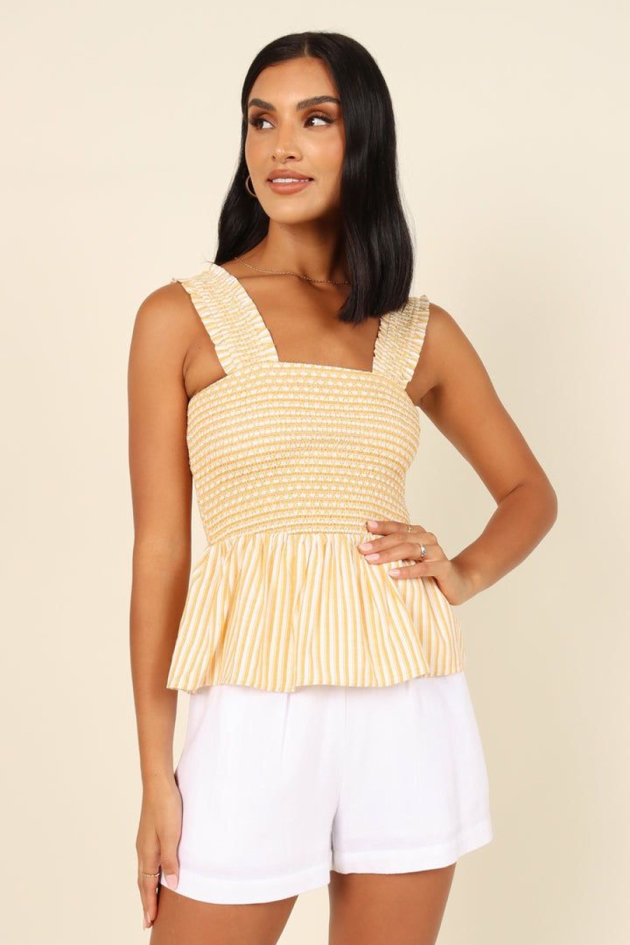 Clothing * | Petal & Pup Top Sellers Desiree Peplum Top Yellow Stripe