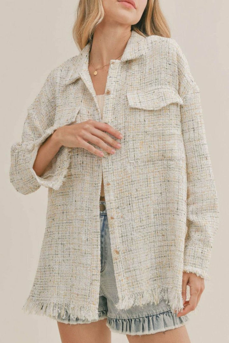 Clothing * | Petal & Pup Online Veve Double Pocket Tweed Shacket Ivory Multi