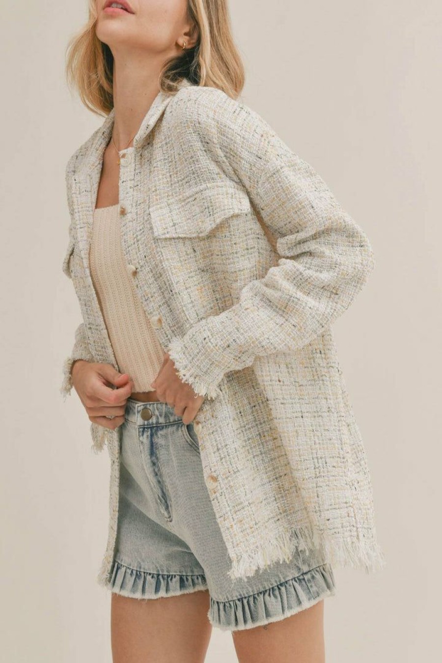 Clothing * | Petal & Pup Online Veve Double Pocket Tweed Shacket Ivory Multi