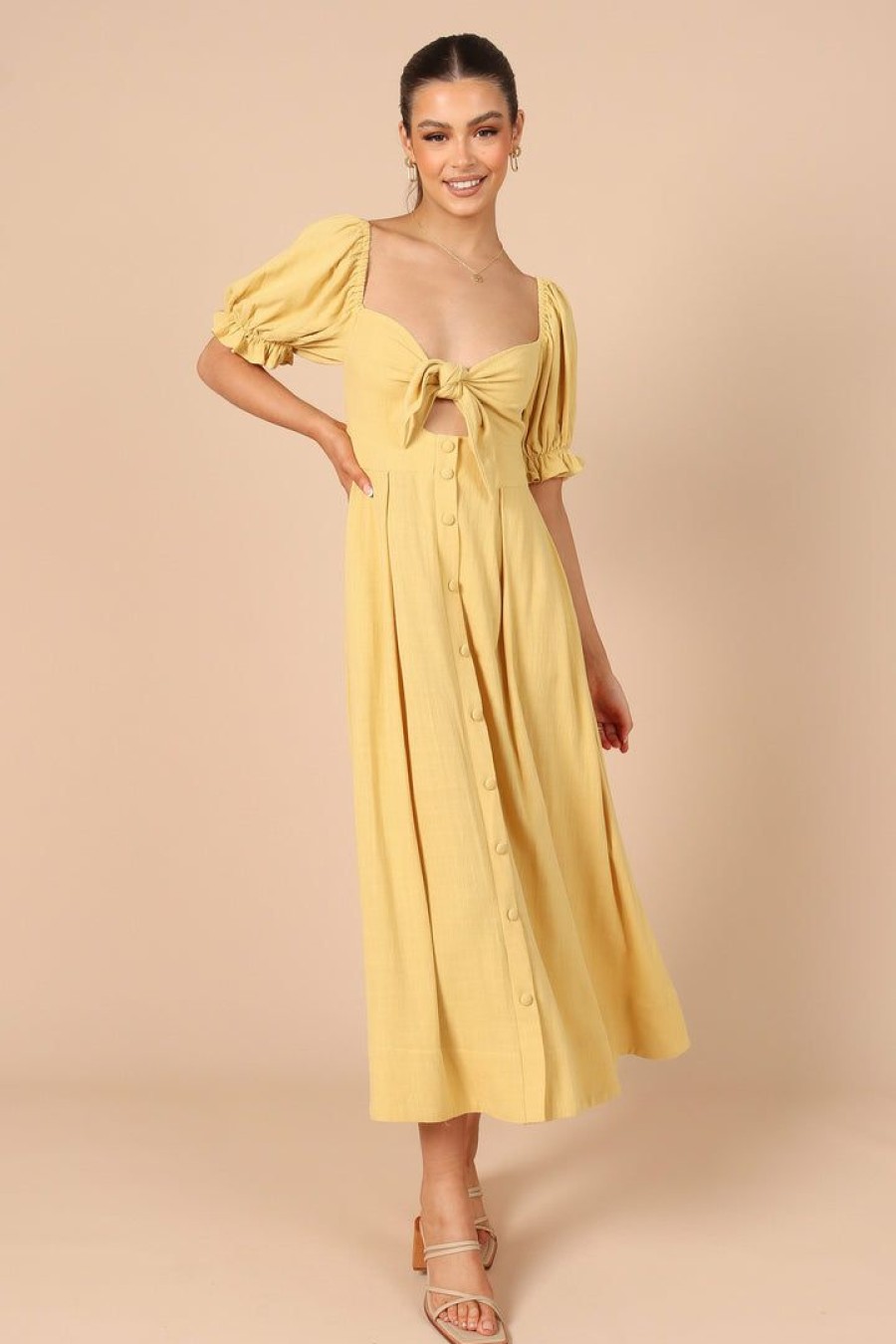 Dresses * | Petal & Pup Cheap Online Kamea Tie Front Midi Dress Mustard