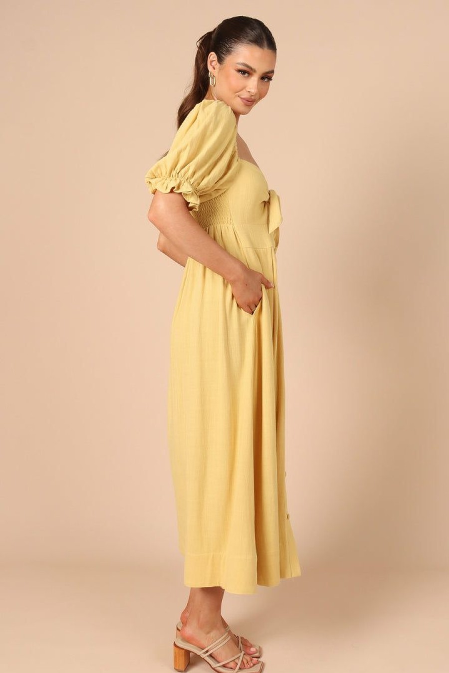 Dresses * | Petal & Pup Cheap Online Kamea Tie Front Midi Dress Mustard