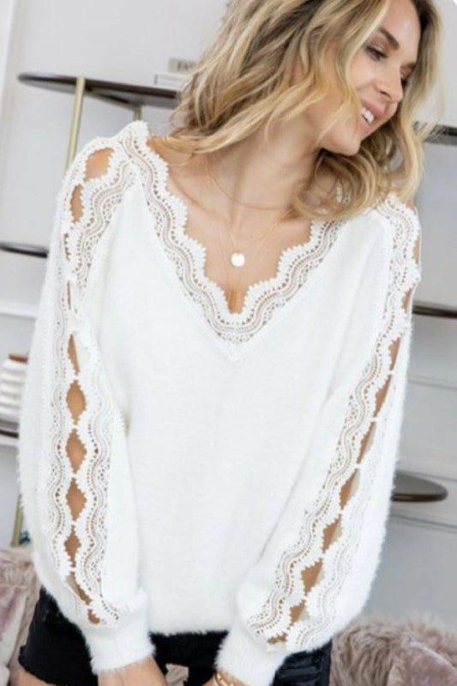 Clothing * | Petal & Pup Promotions Lace Detail Vneck Knit Sweater White