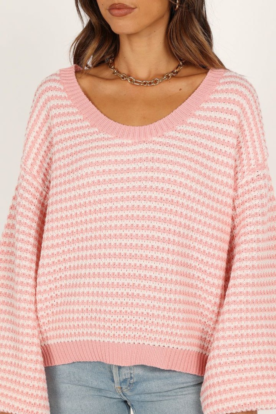 Clothing * | Petal & Pup Promotions Becca Crewneck Waffle Stitch Stripe Knit Sweater Pink