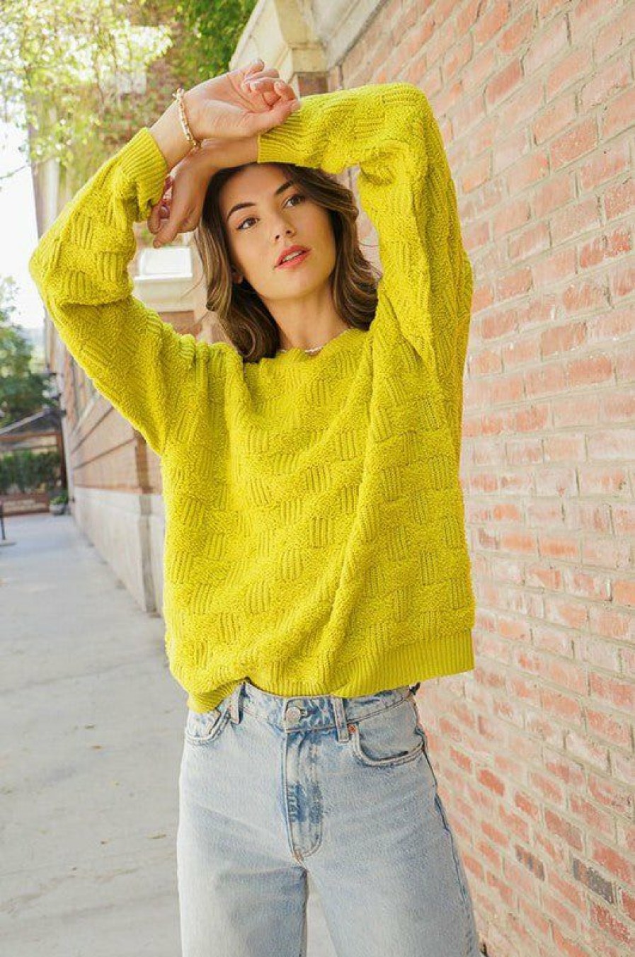 Clothing * | Petal & Pup Exclusive Basket Weave Pattern Knit Sweater Chartreuse