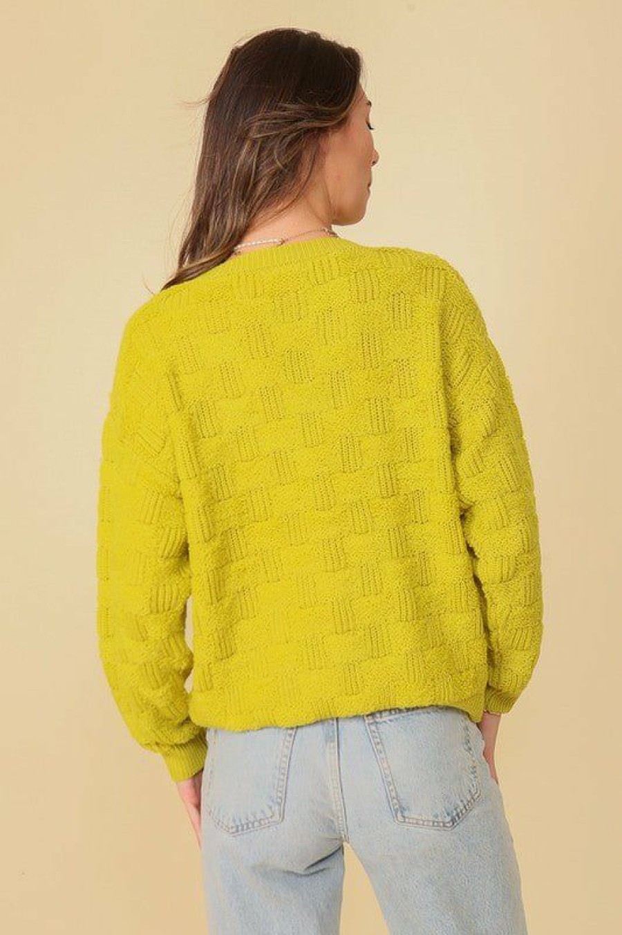 Clothing * | Petal & Pup Exclusive Basket Weave Pattern Knit Sweater Chartreuse