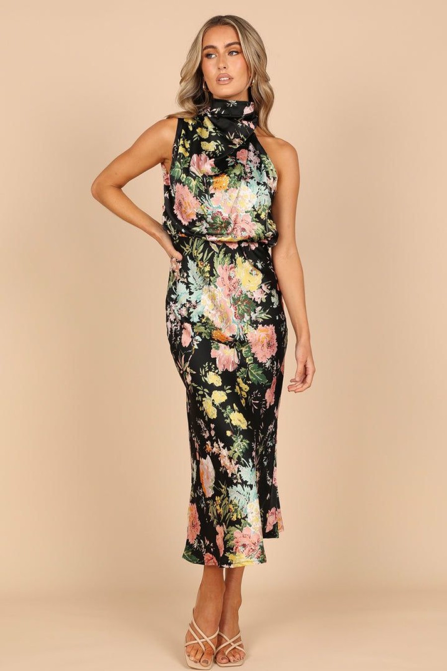 Dresses * | Petal & Pup Online Anabelle Halter Neck Maxi Dress Black Floral