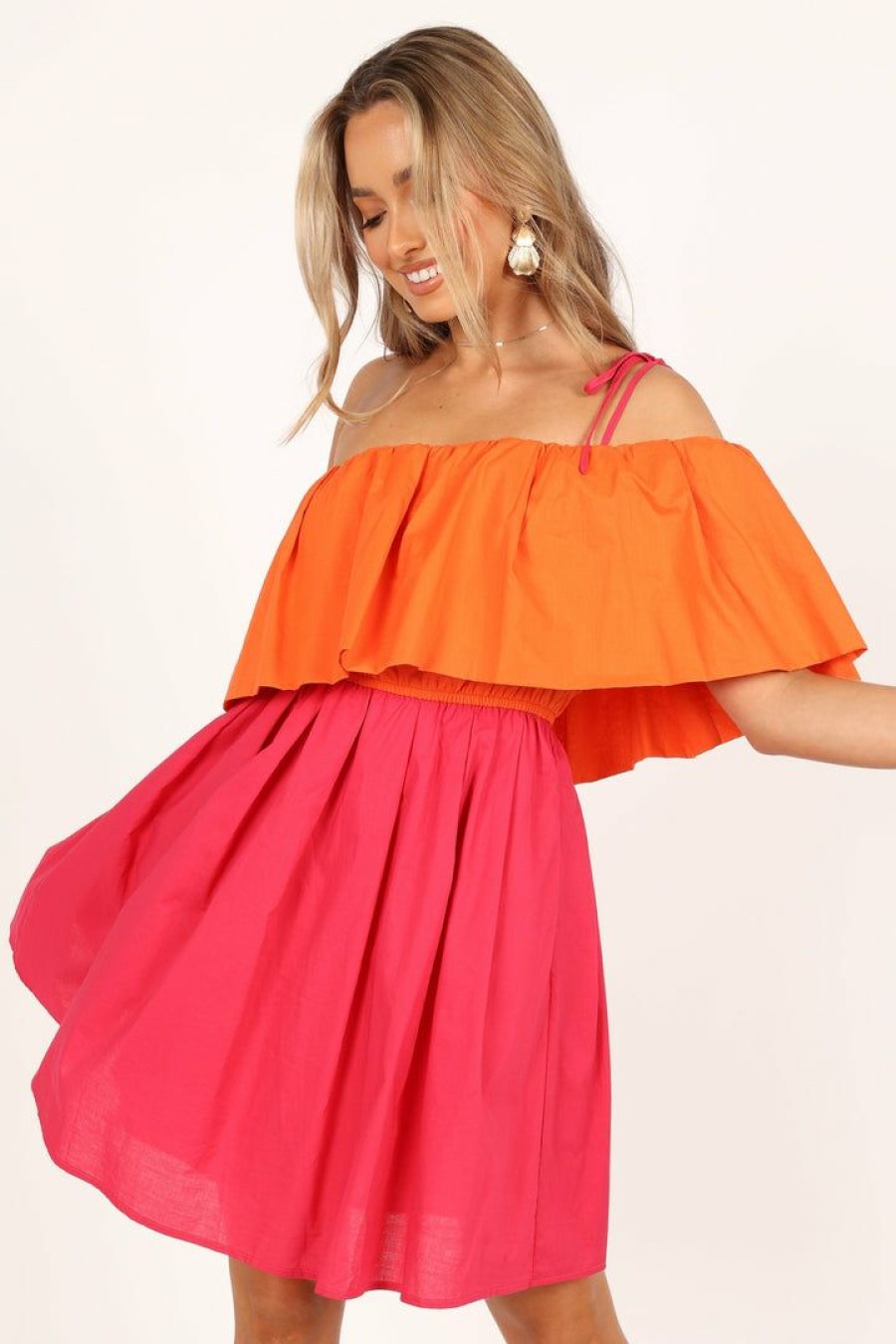 Clothing * | Petal & Pup Best Quality Maeva One Shoulder Mini Dress Pink/Orange