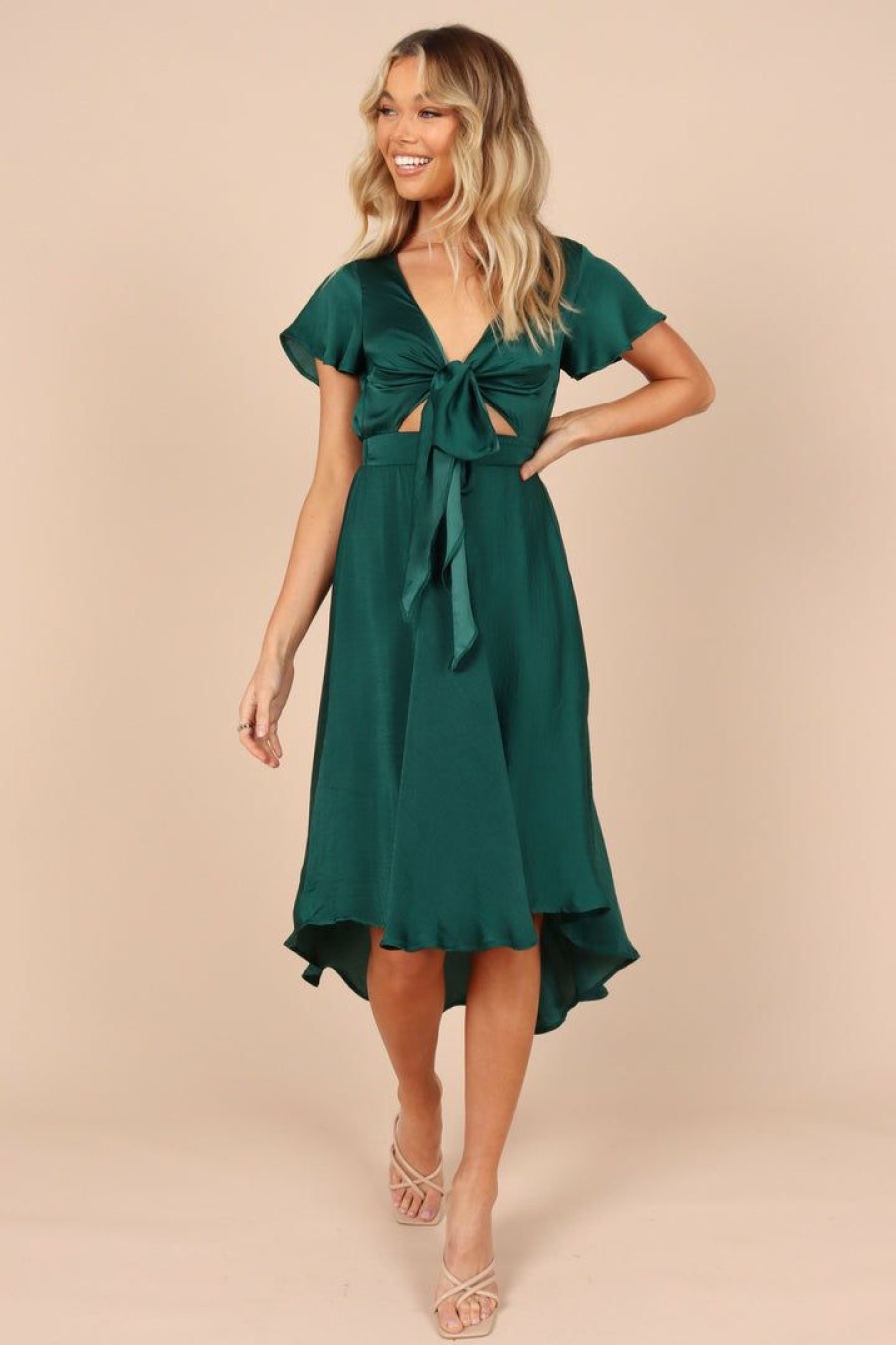 Clothing * | Petal & Pup Cheap Online Amanda Hi Lo Tie Front Dress Emerald