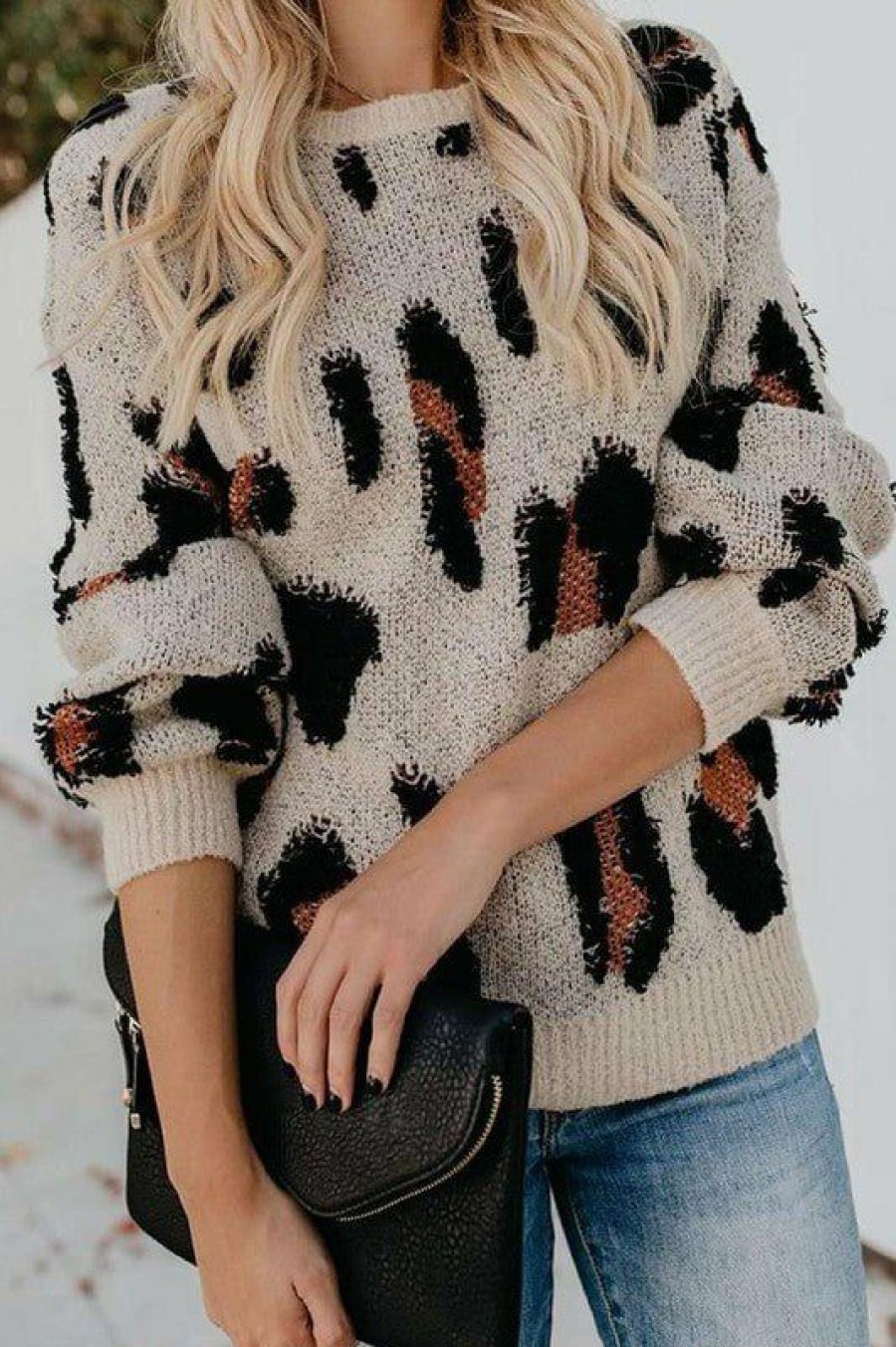 Clothing * | Petal & Pup Top Sellers Cheetah Round Neck Knit Sweater Leopard