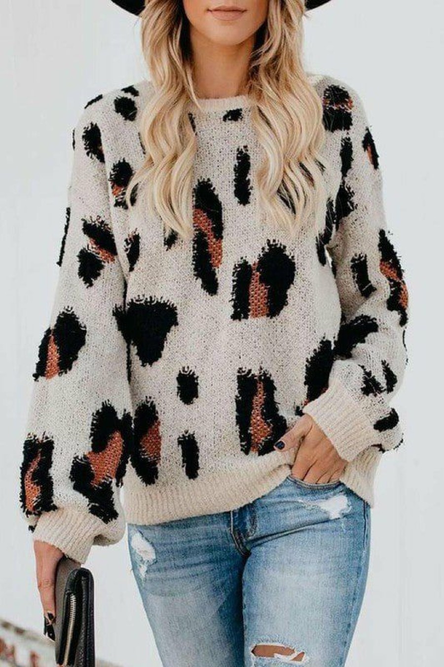 Clothing * | Petal & Pup Top Sellers Cheetah Round Neck Knit Sweater Leopard