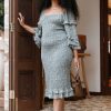 Dresses * | Petal & Pup High Quality Bonita Shirred Frill Long Sleeve Bodycon Midi Dress Sage Floral