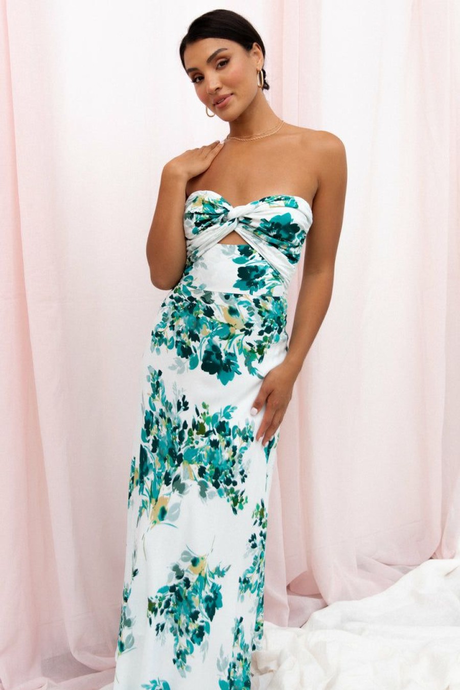 Dresses * | Petal & Pup Online Teagan Strapless Midi Dress Green Floral