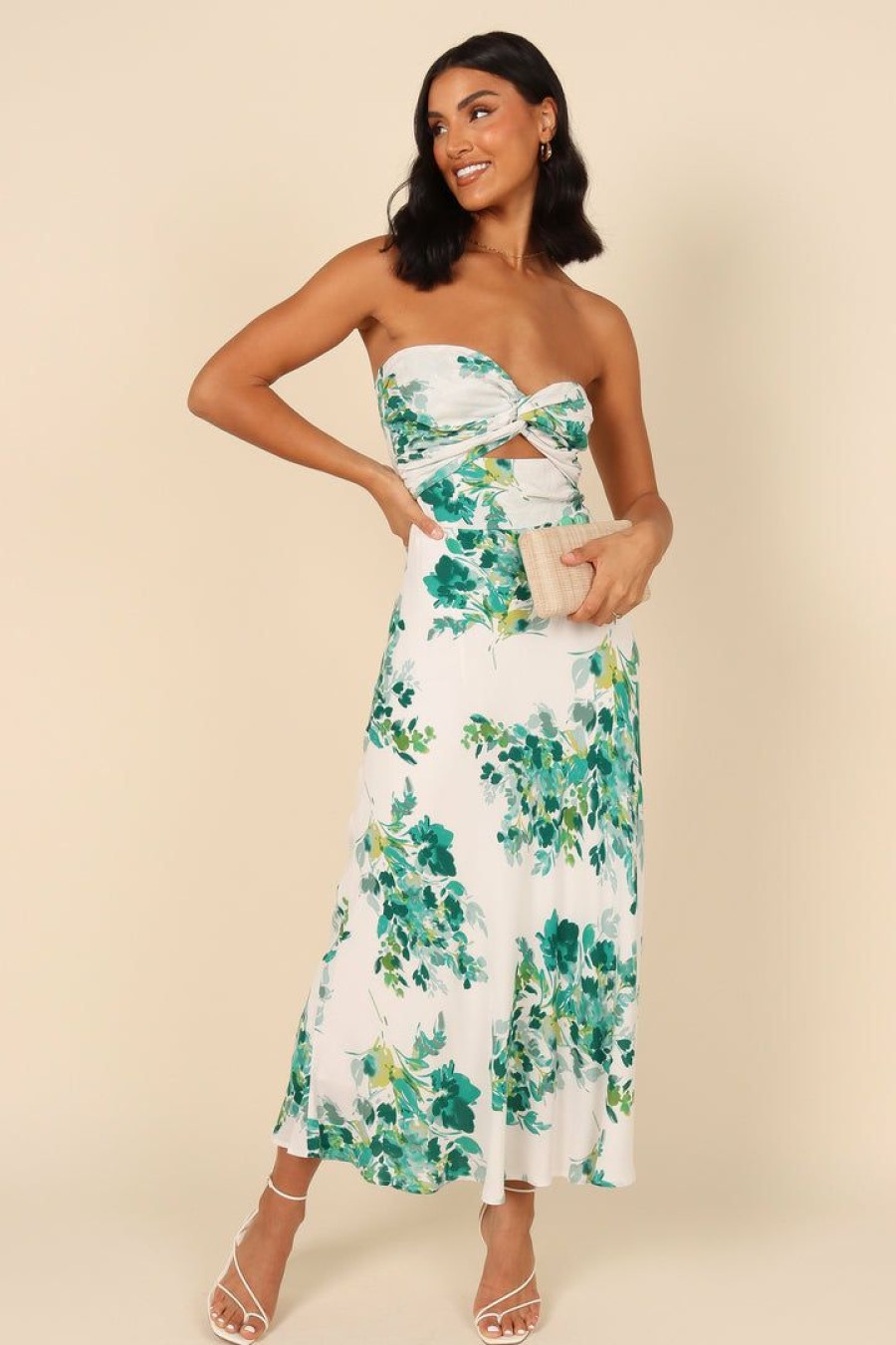 Dresses * | Petal & Pup Online Teagan Strapless Midi Dress Green Floral