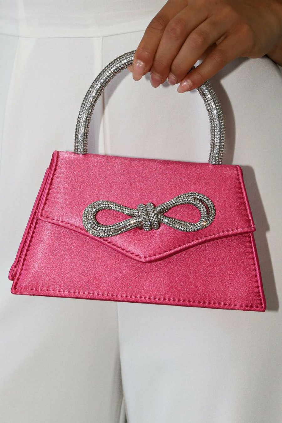 Shoes & Accessories * | Petal & Pup Good Quality Flicka Rhinestone Bow Bag Pink Satin