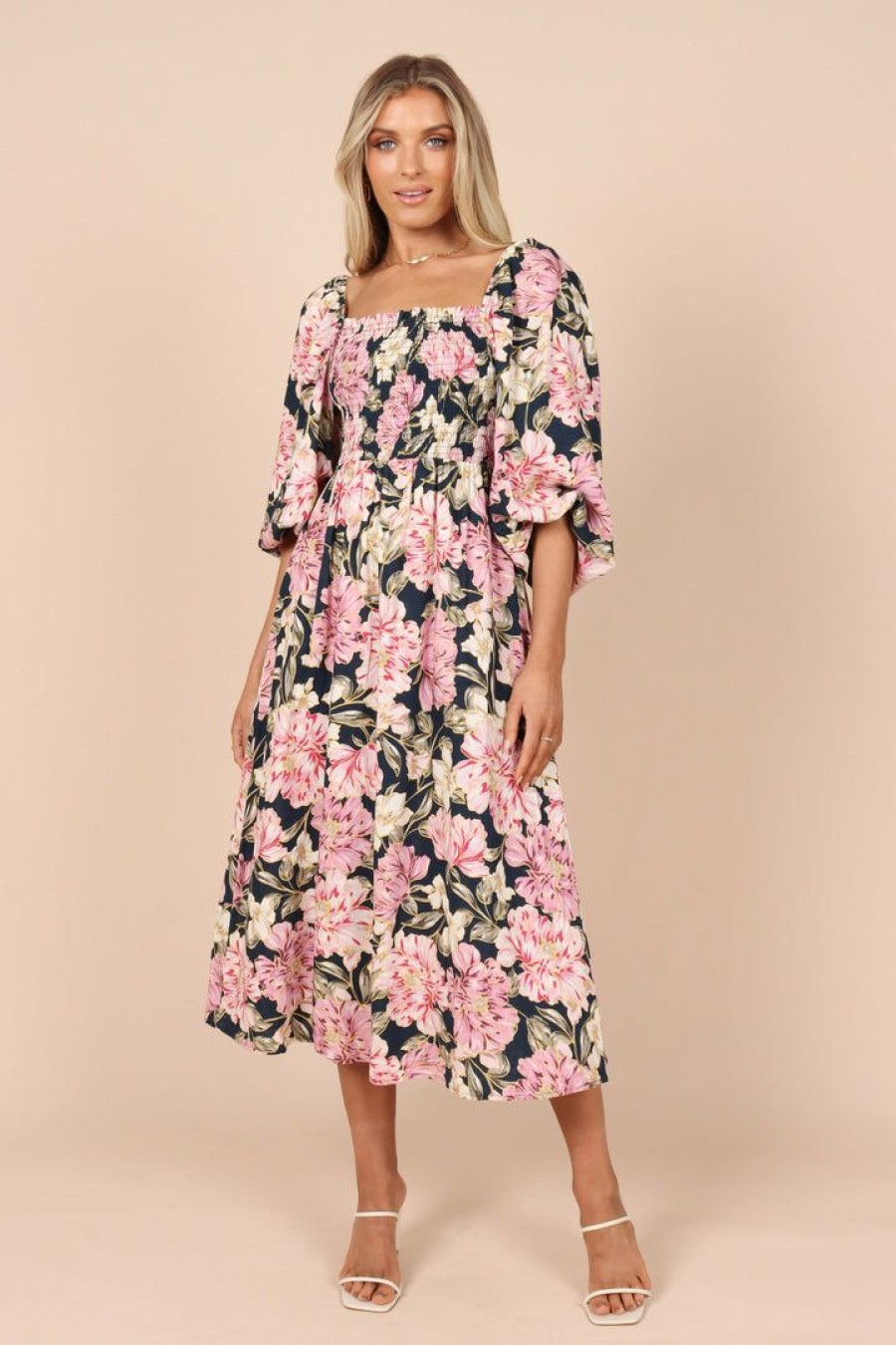 Dresses * | Petal & Pup Exclusive Primadona Shirred Midi Dress Pink Floral