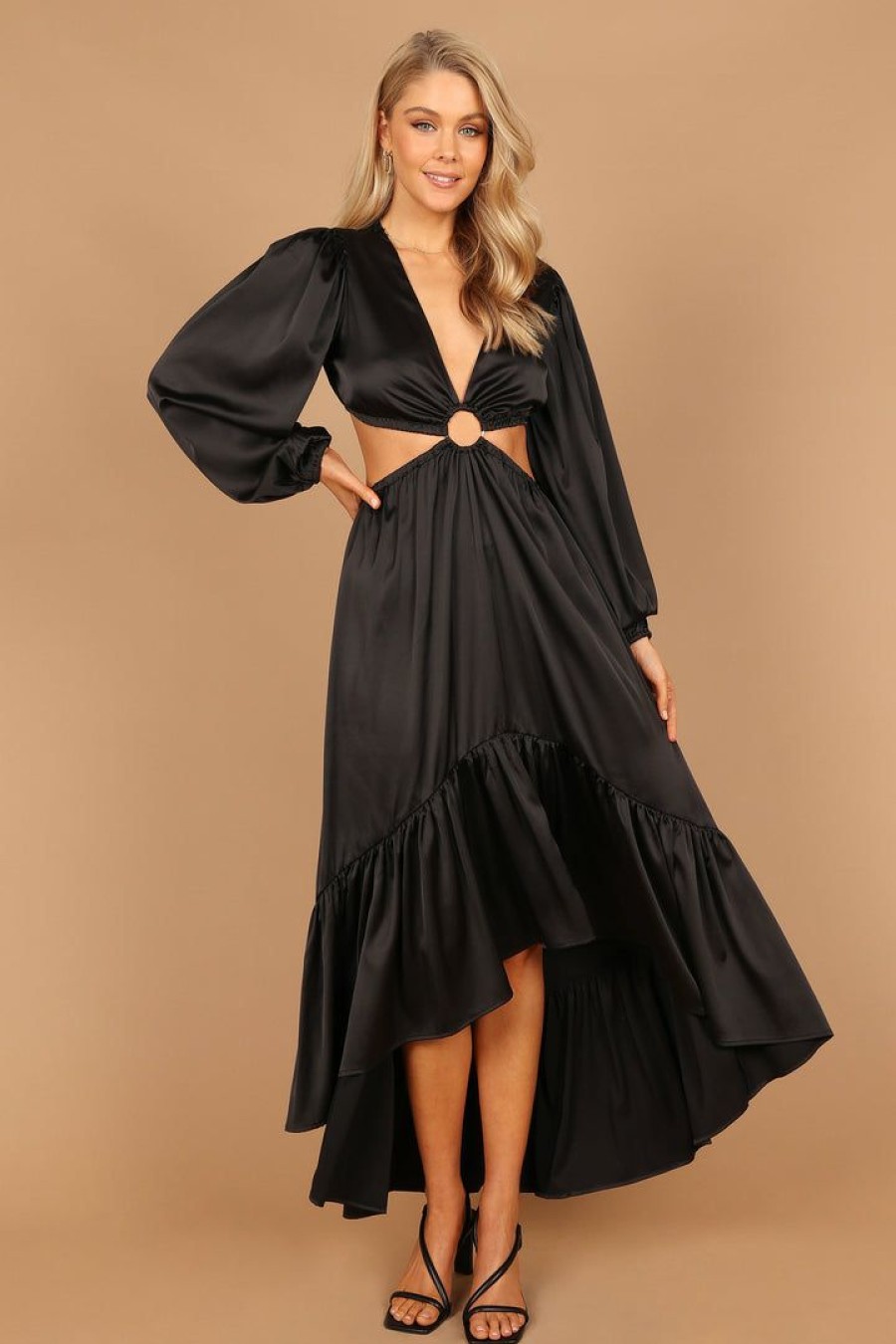 Dresses * | Petal & Pup Online Minnow Satin Ruffle Tier O-Ring Cut Out Maxi Dress Black