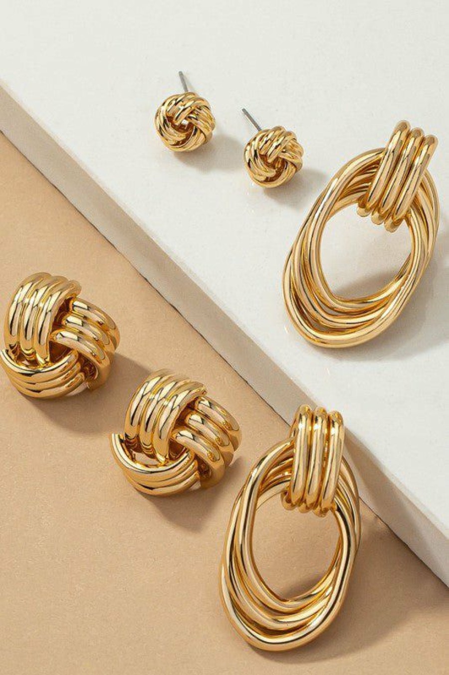 Shoes & Accessories * | Petal & Pup Outlet Sale Metal Knot Hoop Earrings 3 Pack Set Gold