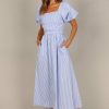 Clothing * | Petal & Pup Top Sellers Clo Puff Sleeve Maxi Dress Blue Stripe