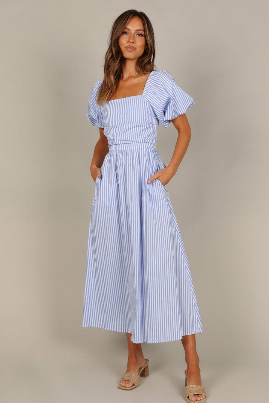 Clothing * | Petal & Pup Top Sellers Clo Puff Sleeve Maxi Dress Blue Stripe