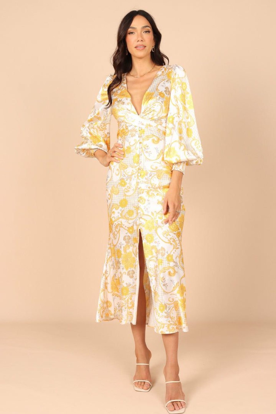 Dresses * | Petal & Pup Hot Sell Madam Long Sleeve Midi Dress Yellow Floral