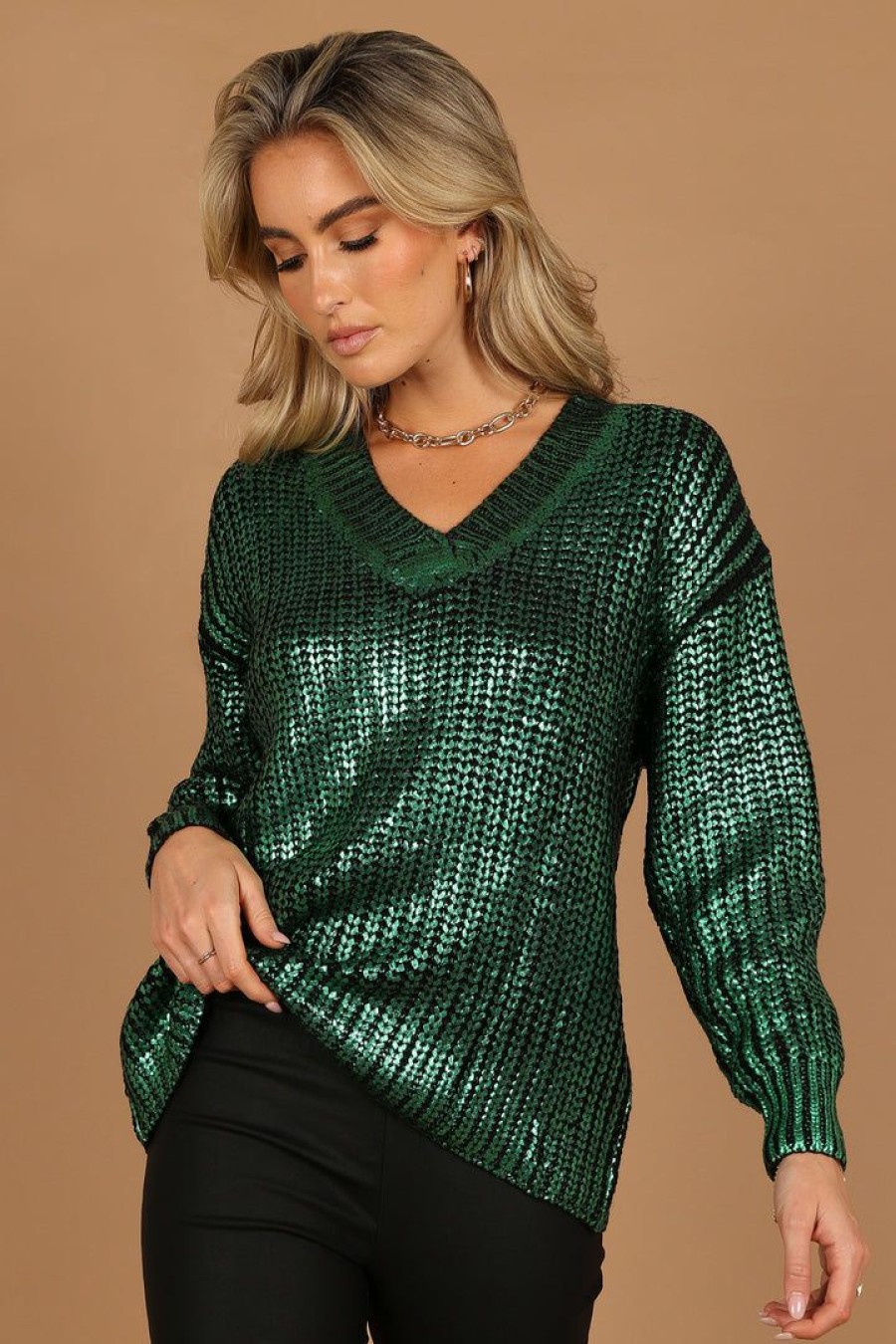 Clothing * | Petal & Pup Best Quality Cameron Crewneck Metallic Knit Sweater Green