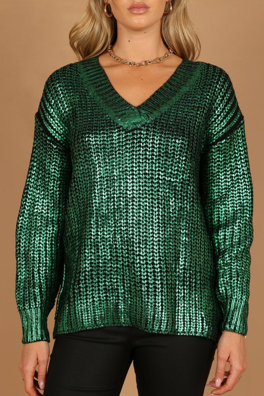 Clothing * | Petal & Pup Best Quality Cameron Crewneck Metallic Knit Sweater Green