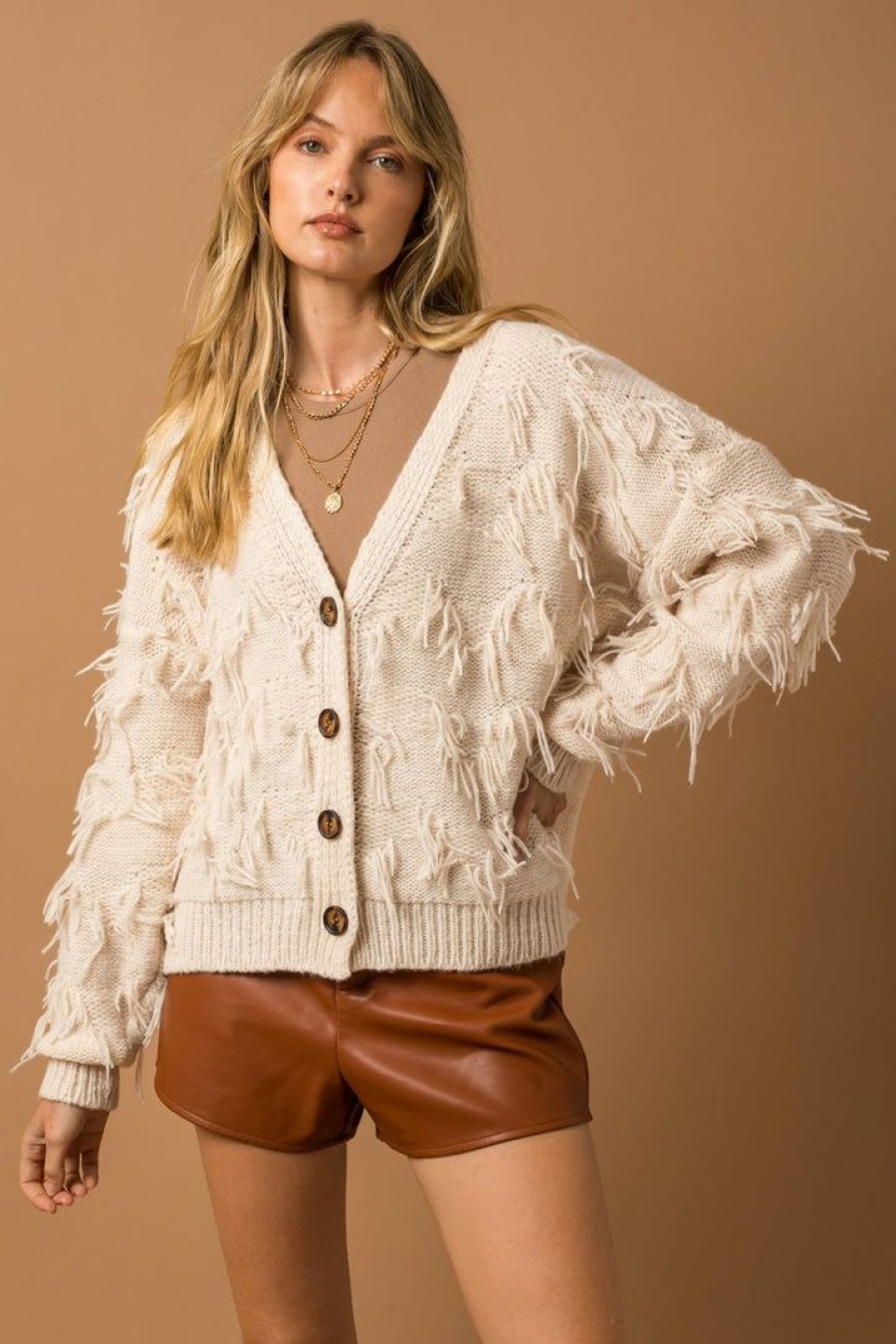 Clothing * | Petal & Pup Online Angela Fringed Button Up Cardigan Cream