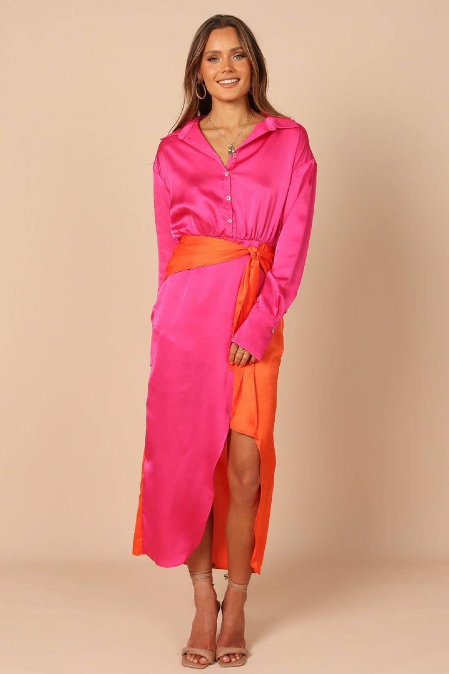 Dresses * | Petal & Pup Top Sellers Austin Colourblock Wrap Dress Pink/Orange